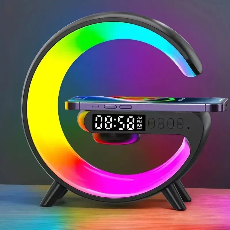 Multifunction Wireless Charger Stand with RGB Light, Alarm Clock, and Speaker – Fast Charging Dock for iPhone, Samsung, Xiaomi, and More!