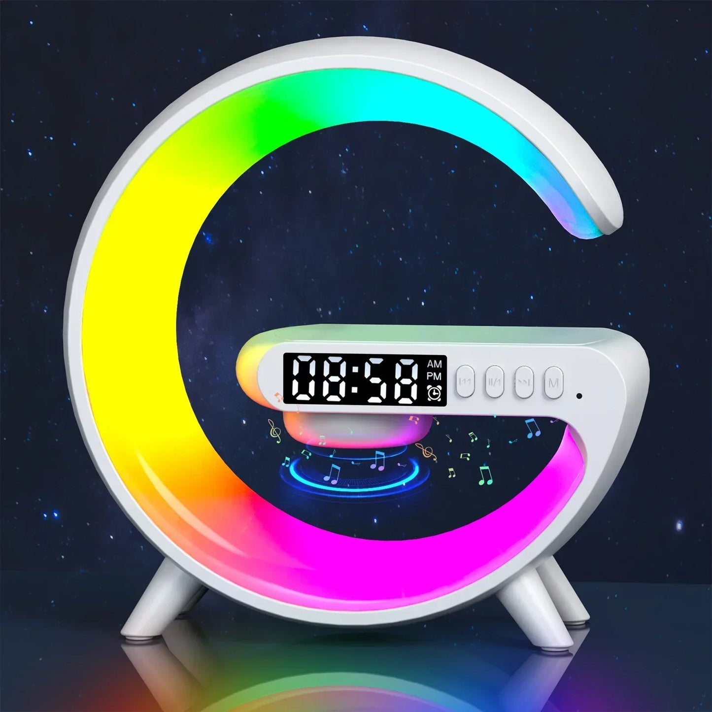 Multifunction Wireless Charger Stand with RGB Light, Alarm Clock, and Speaker – Fast Charging Dock for iPhone, Samsung, Xiaomi, and More!