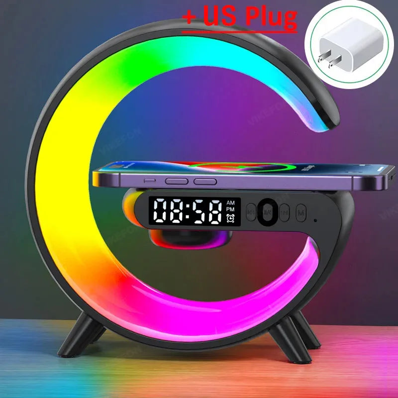 Multifunction Wireless Charger Stand with RGB Light, Alarm Clock, and Speaker – Fast Charging Dock for iPhone, Samsung, Xiaomi, and More!