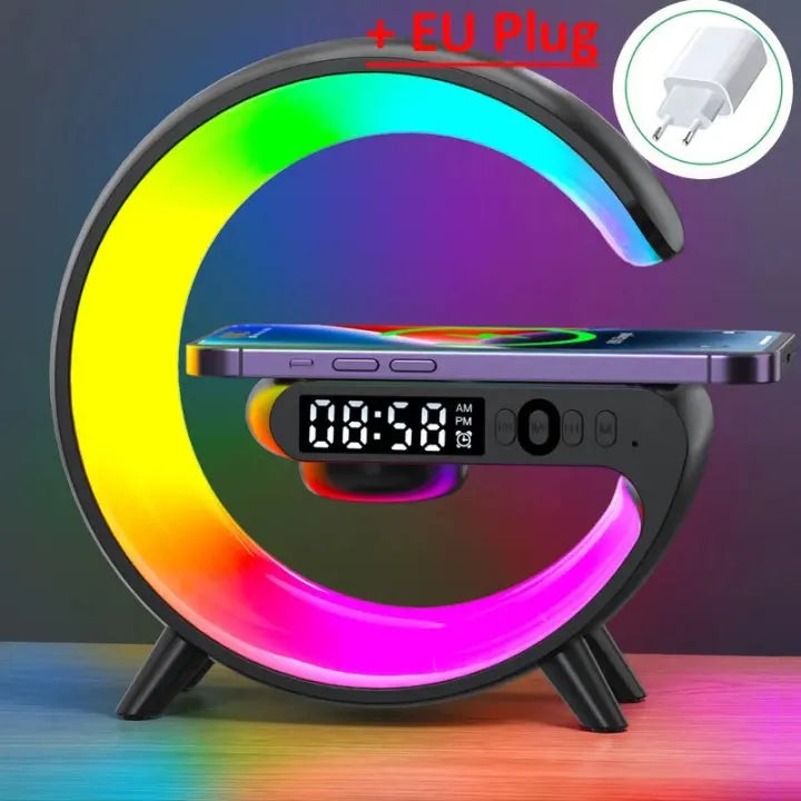 Multifunction Wireless Charger Stand with RGB Light, Alarm Clock, and Speaker – Fast Charging Dock for iPhone, Samsung, Xiaomi, and More!