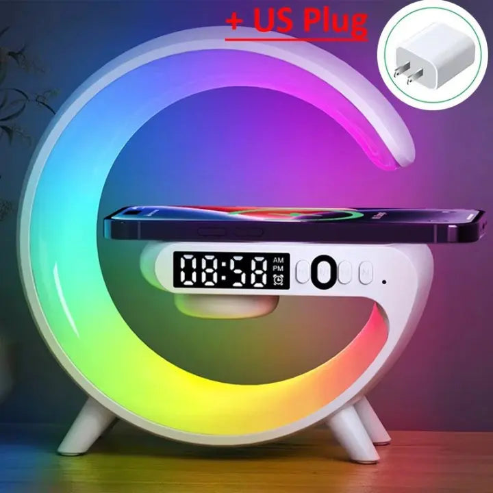 Multifunction Wireless Charger Stand with RGB Light, Alarm Clock, and Speaker – Fast Charging Dock for iPhone, Samsung, Xiaomi, and More!