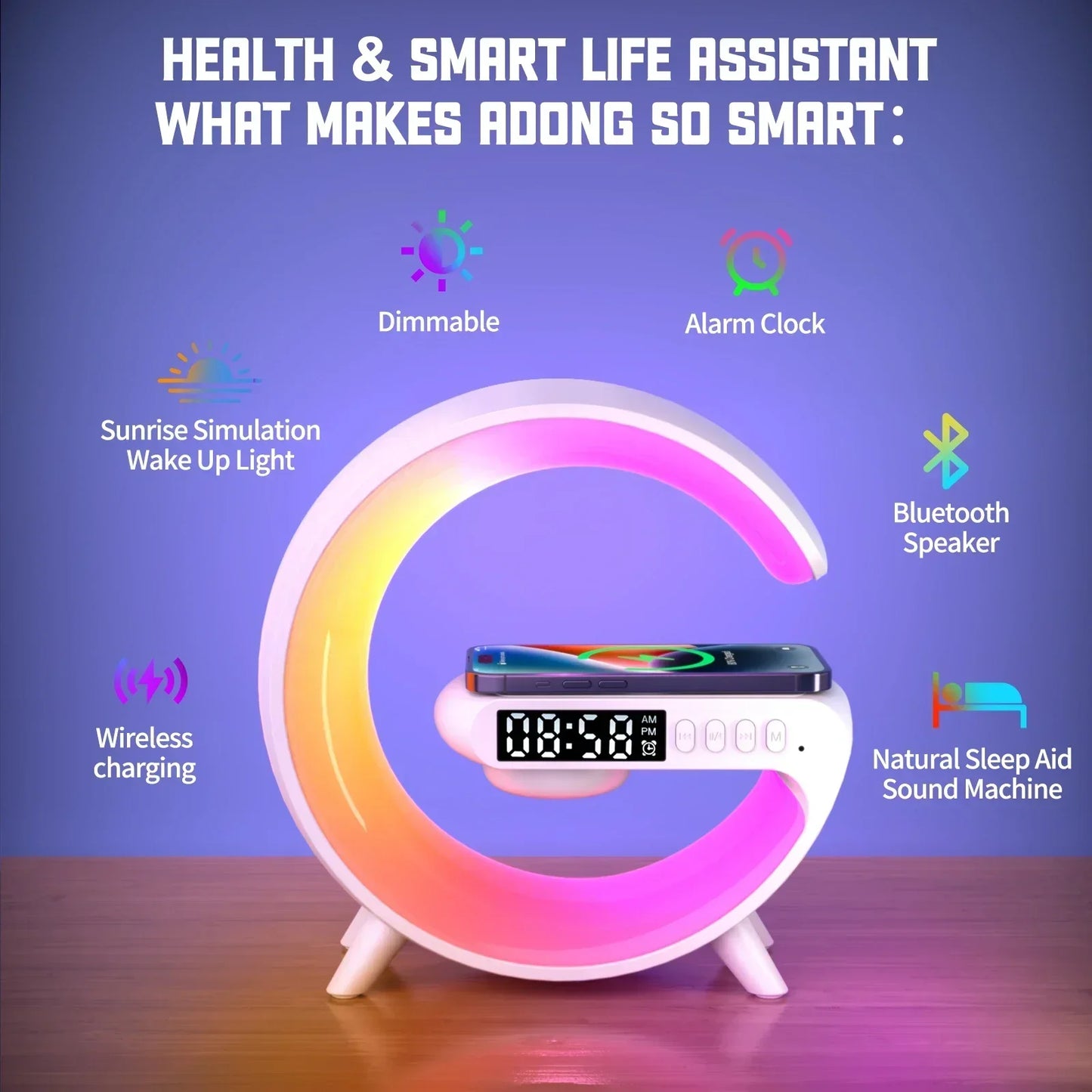 Multifunction Wireless Charger Stand with RGB Light, Alarm Clock, and Speaker – Fast Charging Dock for iPhone, Samsung, Xiaomi, and More!